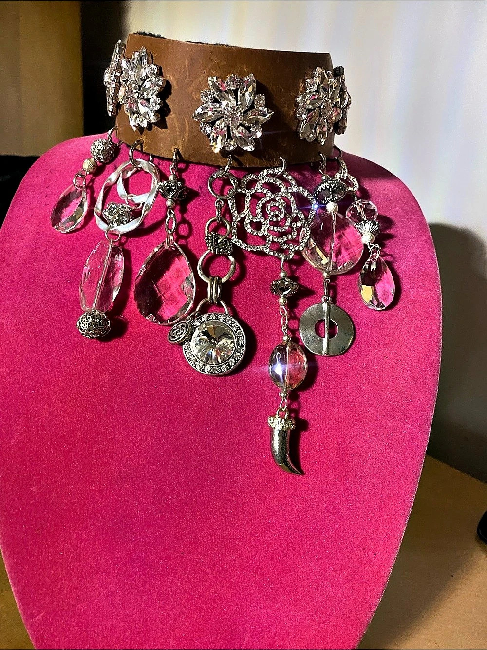 Genuine Leather Choker with glass beads!